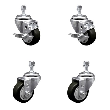 Service Caster 3 Inch Black Polyurethane Wheel Swivel 12mm Threaded Stem Caster Brake, 2PK SCC-TS20S314-PPUB-BLK-TLB-M1215-2-S2